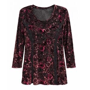 Chico's CB Velvet Burnout Floral Top Women's Large Stretch Knit Lace 3/4 Sleeve